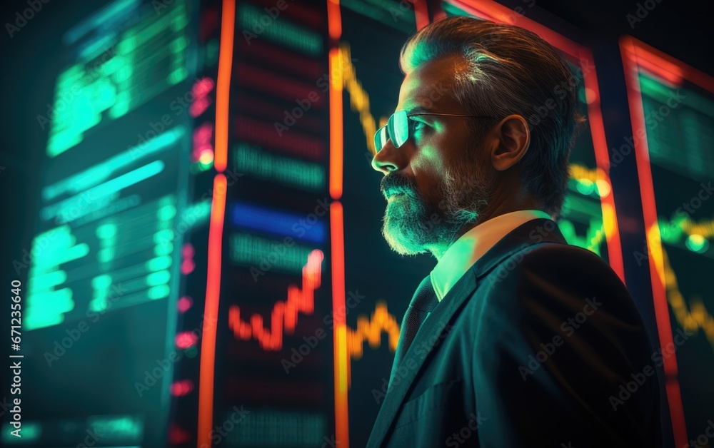 Fototapeta premium A professional trader with a confident posture standing in a futuristic classroom, interactive digital blackboard displaying complex stock charts