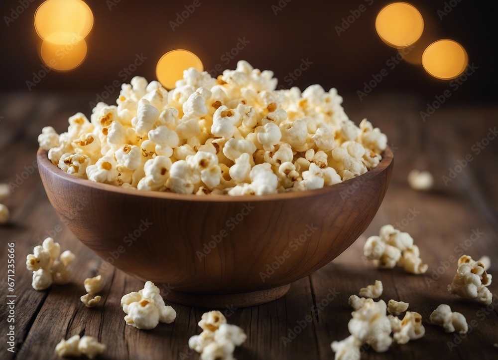 A wooden bowl of salted popcorn at the old wooden table A wooden bowl of salted popcorn at the old wooden table