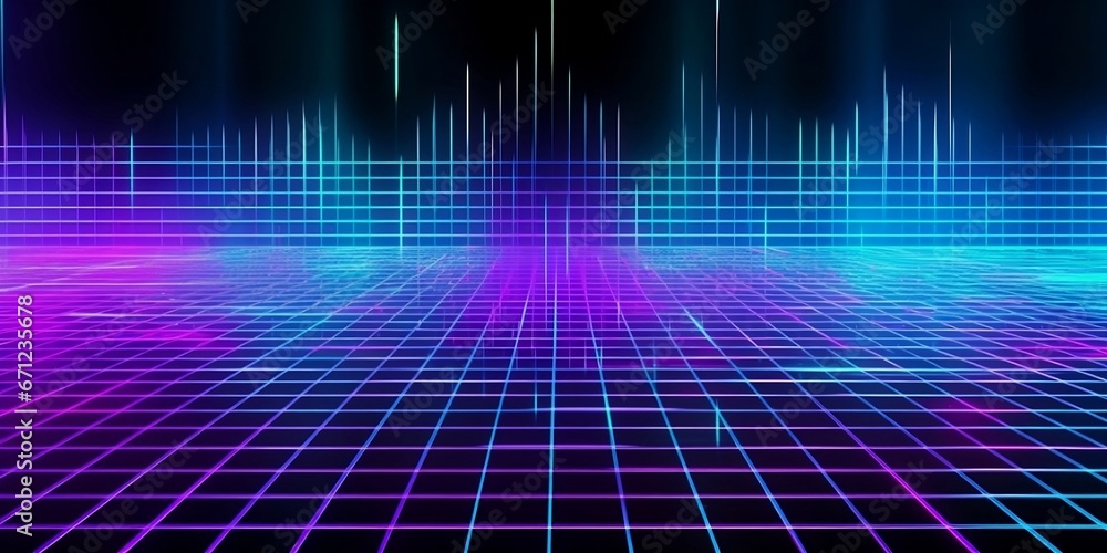 Cyan blue and purple grids neon glow light lines design on perspective floor, creativity, digital, internet, cyberpunk, virtual reality concept, hi-tech abstract backgroud.  generative AI  - obrazy, fototapety, plakaty 