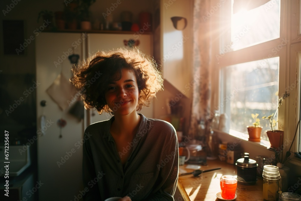 Testimonial oder Persona | Durchschnittliche junge Frau sitzt in der Küche | Athentisch und lebensnah - obrazy, fototapety, plakaty 