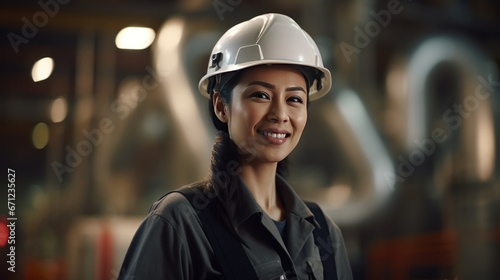  Portrait of a smiling female engineer at an oil refinery, confidently overseeing operations, maintaining safety standards, and ensuring the efficient production of petroleum products generative ai © Hixel