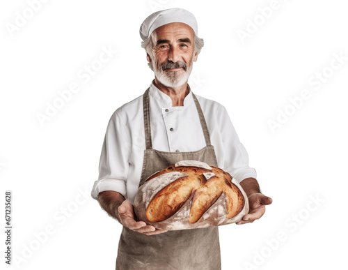 Middle-aged baker with delicious fresh bread, cut out