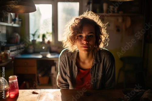 Testimonial oder Persona | Durchschnittliche junge Frau sitzt in der Küche | Athentisch und lebensnah photo