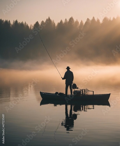 man fishing from a boat with a fishing rod, calm lake, sunset, silhouette