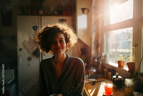 Testimonial oder Persona | Durchschnittliche junge Frau sitzt in der Küche | Athentisch und lebensnah photo
