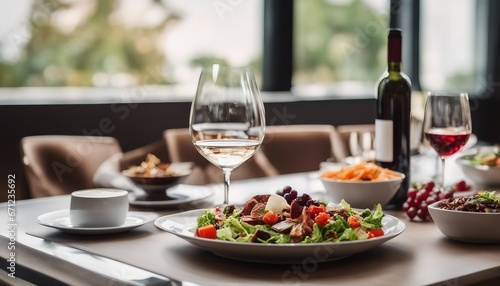 an elegant table with plates of food and wine glasses next to a bowl of salad and a glass of wine

 photo