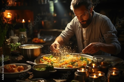 Male chef prepares a delicious  healthy dish