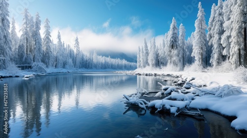 Frozen Lake Serenity: Picturesque views of winter's charm as mirrored by crystal clear, snow-blanketed lakes."