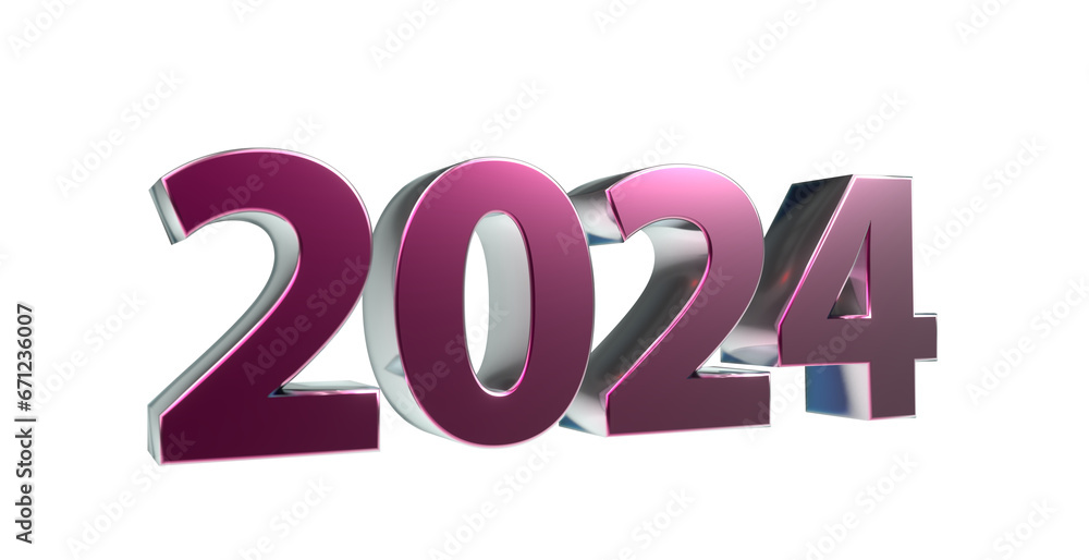 2024 3D-Schrift, Jahreszahl, Kalender, metallisch, violett, lila, Perspektive, Nummer, Jubiläum, Neujahr, Jahreswechsel