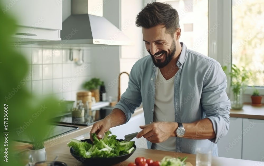 A handsome smiling man preparing dinner in his kitchen
