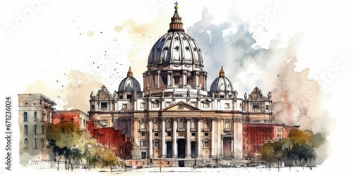 Watercolor drawing of St. Peter's Basilica in the Vatican. Generative AI.