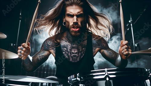 Portrait of heavy metal tattooed  drummer drumming at concert, hard rock concept, musical background photo
