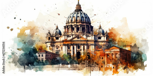 Watercolor drawing of St. Peter's Basilica in the Vatican. Generative AI.