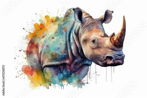 Watercolor drawing of a rhinoceros. Generative AI. photo