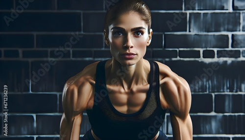 Portrait of beautiful fit bodybuilder female working out in the gym, healthy lifestyle concept background