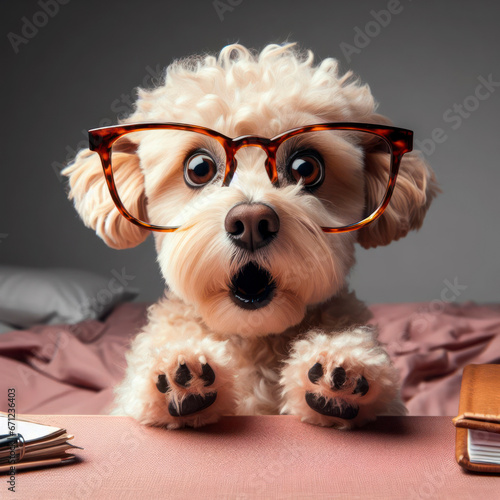 Shocked cute dog in glasses with surprised eyes. ai generative