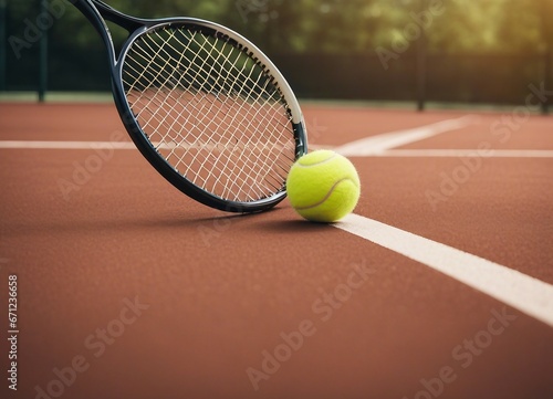 Tennis ball on dust tennis court with tennis racket