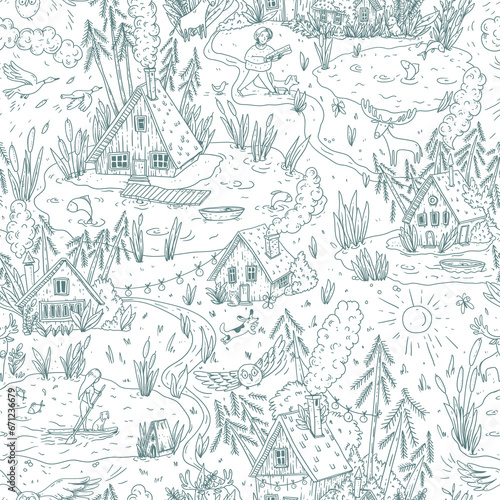 Hand-drawn vector lake cabin seamless pattern, Rustic forest house texture