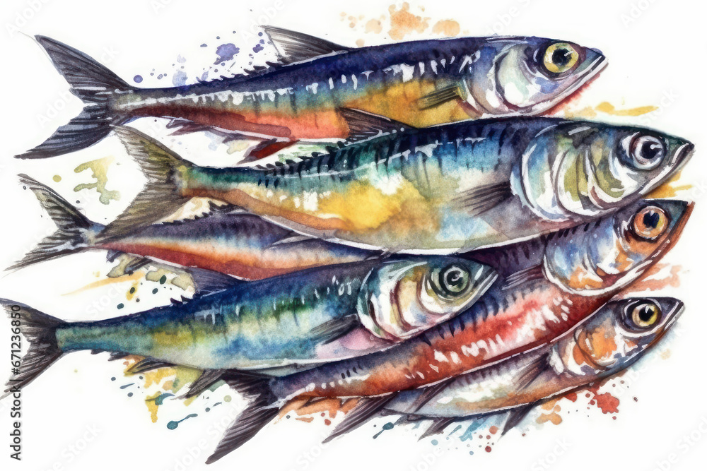 Watercolor drawing of a school of sardines. Generative AI. Watercolor drawing of a school of sardines. Generative AI.