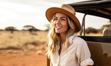 Woman in adventurer outfit on african safari. Standing next to her off road car, blurred savanna background. Generative AI