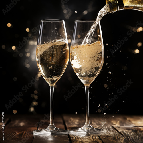 Beautiful golden-hued sparkling wine in glasses, festive,  ai generative