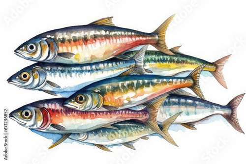Watercolor drawing of a school of sardines. Generative AI.
