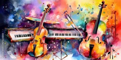 Watercolor drawing of a set of musical instruments. Generative AI.