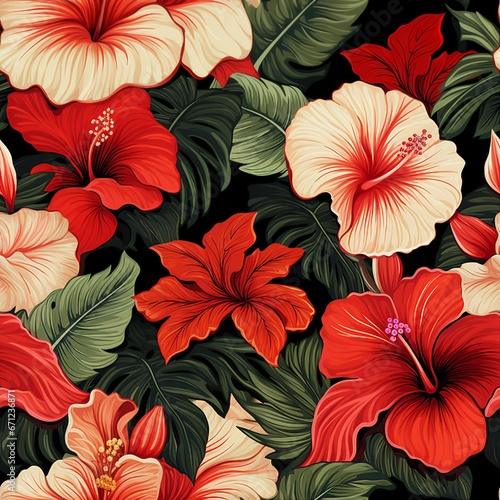 Hibiscus Blooms and Lush Leaves Pattern