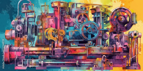 Watercolor drawing of a set of industrial machines. Generative AI.