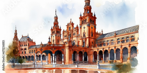 Watercolor drawing of the Plaza de Spain in Seville. Generative AI.