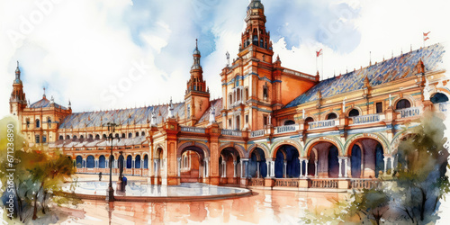 Watercolor drawing of the Plaza de Spain in Seville. Generative AI.