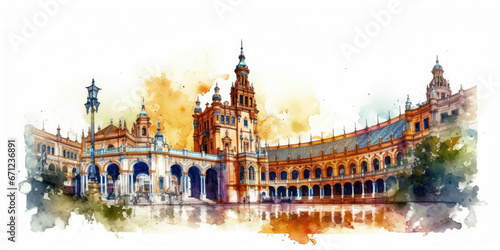 Watercolor drawing of the Plaza de Spain in Seville. Generative AI.