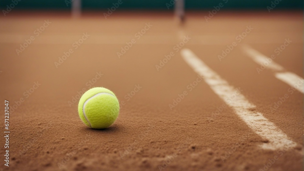 Tennis ball on dust tennis court with tennis racket

