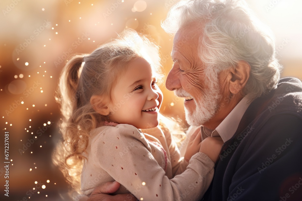 Happy grandfather and granddaughter, family portrait