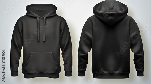 A set of black hooded sweatshirts in front and back views is showcased on a translucent backdrop, ideal for graphic design artwork.