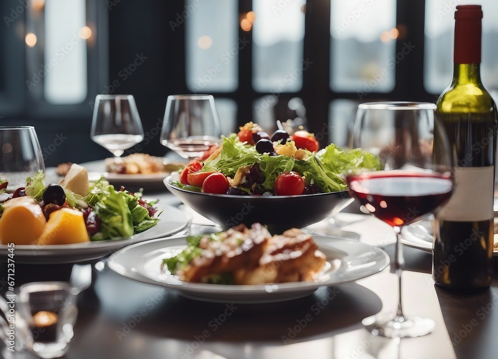 an elegant table with plates of food and wine glasses next to a bowl of salad and a glass of wine

