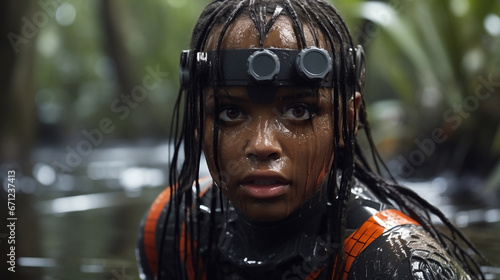 Close-up view of a dirty wet female diver in a swimsuit in a river under rain in a forest. Afro-american. Illustration, wallpaper, background.
