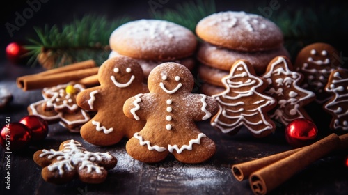 Christmas gingerbread man cookies and spices stock photo