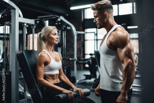 A man and a woman play sports in the gym with a personal trainer © YouraPechkin