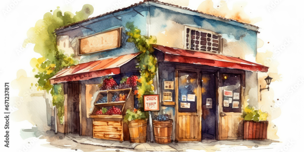 Watercolor drawing of the exterior of a small store. Generative AI.