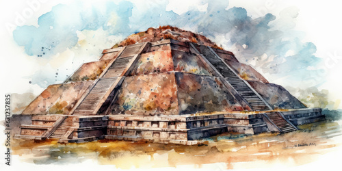 Watercolor drawing of the Teotihuacan pyramid. Generative AI. photo