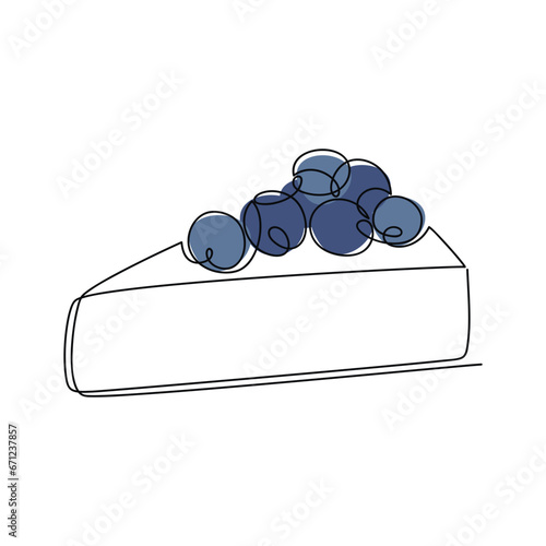 Blueberry cheesecake vector one line continuous drawing. Graphic illustration. Hand drawn linear dessert icon. Minimal design, print, banner, card, brochure, bakery shop logo, sign, cake symbol, menu.
