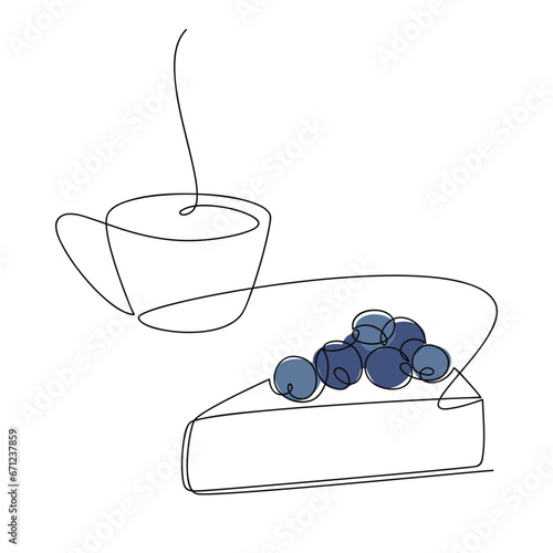 Vector one line continuous drawing. Coffee cup, piece of blueberry cake. Graphic illustration. Hand drawn linear dessert icon, print, banner, card, brochure, bakery shop logo, sign, symbol, menu.