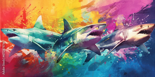 Watercolor drawing of a group of sharks. Generative AI.