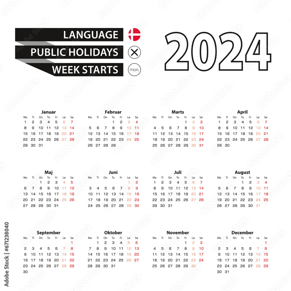 Calendar 2024 in Danish language, week starts on Monday.