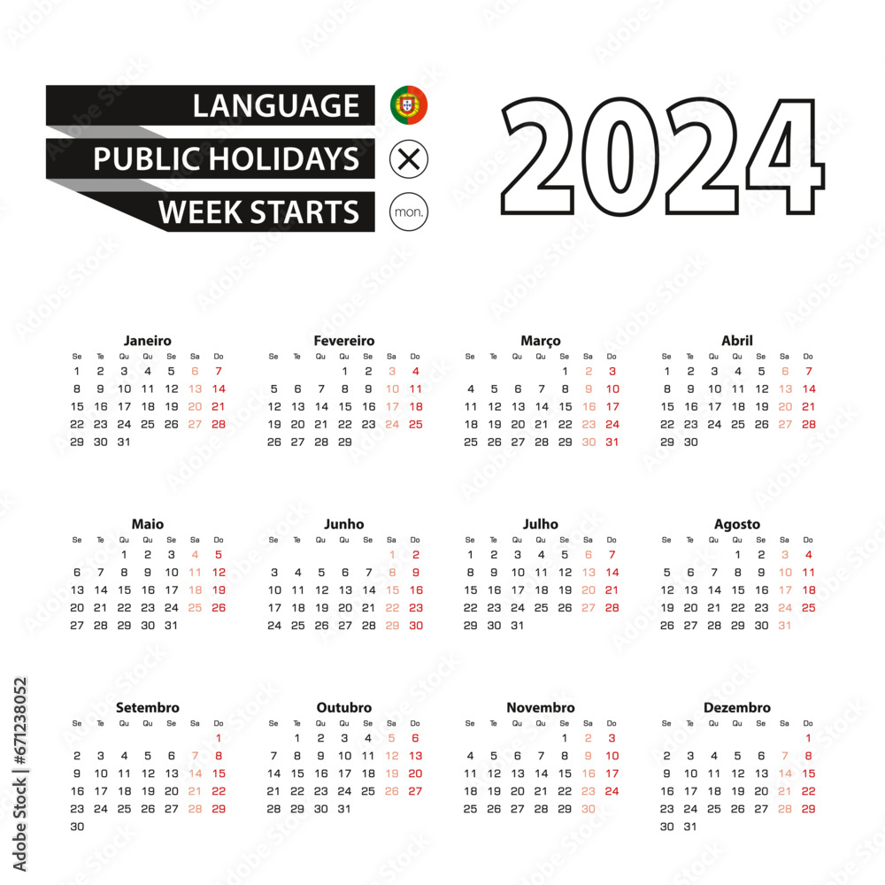 Calendar 2024 in Portuguese language, week starts on Monday.