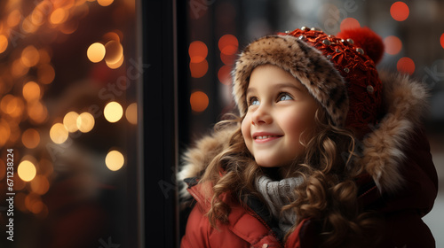 Portrait of a girl looking and dreaming near the Christmas shop window at the traditional Christmas market. The concept of celebrating Christmas in childhood. Generative AI