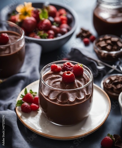home made chocolate pudding with fresh fruits

