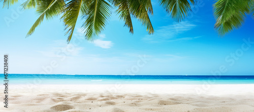 Tropical beach with fine sand, some palm leaves above, calm sea with clear sky in distance. Empty copy space template for vacation or holiday product. Generative AI 