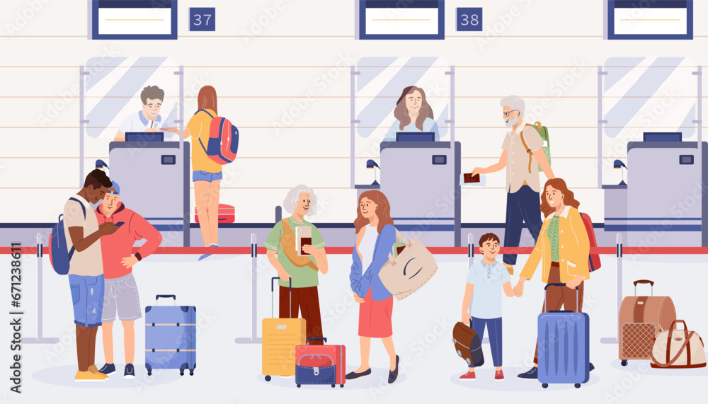 Obraz premium People with luggage at airport check-in counters. Terminal desks during registration for flight. Passenger control airline staff checking tickets, passports, boarding passes and baggage. Flat vector